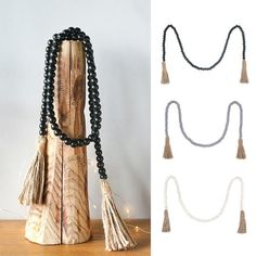 two pictures one with beads and the other with tassels on top of it