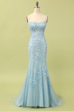 Fabric: Lace. The fabric is comfortable for skin. Package Contents: : 1x Women Dress. Occasion: Beautiful light blue, this long embroidered prom dress is a beautiful choice for more than one special evening. Gorgeous floral embroidery decorates the sleeveless bodice of this stunning dress with train and creates the look and feel of a Mermaid. The lace applique flows over the waist and hips for a smooth alluring fit. Made from giving jersey fabric, the long skirt on this formal dress hugs the curves before flaring out in a classic sweep train length mermaid skirt that ends with a lovely train.The thin adjustable spaghetti straps criss crossing over the back. While this long Lace Mermaid prom dress is a beautiful choice for proms, it's also a great option for pageants, receptions, and galas. Yellow Mermaid, Prom Dresses Long Pink, Dress Display, Backless Evening Dress, Marine Uniform, Blue Evening Dresses, Backless Prom Dresses, Sweet 15, Lace Mermaid