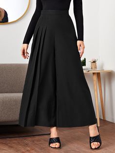 Black Elegant   Polyester Plain Wide Leg Embellished Non-Stretch Spring/Summer/Fall Women Bottoms Essential Wardrobe Pieces, Fall Pants, Little Outfits, Fashion Design Drawings, Casual Work Outfits, Shein Style, Trendy Fashion Women, Wide Leg Trousers, High Waisted Pants