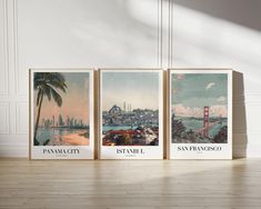 three framed pictures with the san francisco skyline and golden gate bridge on them in front of a white wall