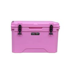 a pink cooler with black handles is shown