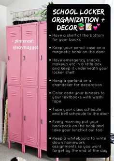 a pink locker with the words school locker organization on it and a dog laying next to it