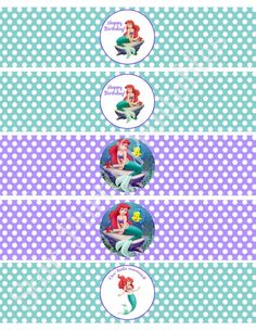 the little mermaid cupcake toppers are shown in blue and white polka dot paper