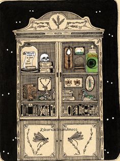 Welcome to Barnacles and Moss! Cabinet of Curiosities and Memories Fine Art Print The piece you will receive will be made using verified archival materials and be printed on Epson Velvet Fine Art Paper. This illustration is available in one size: 8.5in x 11in. PLEASE NOTE:  This piece does NOT have a blank, one inch border.  The print you will receive will be signed on the back in pencil and will not have the @barnaclesandmoss corner mark.  All artwork is sold WITHOUT frames and are copies of my original works. Please don't reproduce or resell any pieces. Each order is packaged with care in a protective cellophane sleeve supported by sturdy cardboard backing. I don't accept returns or cancellations but if you have any issues please contact me so we can work on it together. Reading Nook Decor, Goblincore Decor, Armoire Cabinet, Cabinet Of Curiosity, Nook Decor, Illustration Pen And Ink, Cabinet Of Curiosities, Ink Drawings, Ink Drawing Illustration