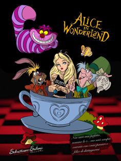 alice and the wonderland tea party poster with cartoon characters in a blue cup on a checkered floor