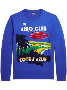 cobalt blue/multicolour cotton patterned intarsia knit ribbed-knit edge crew neck long sleeves straight hem Ralph Lauren Crewneck, Crewneck Style, The French Riviera, Cotton Jumper, Americana Fashion, Graphic Sweaters, Long Sleeve Jumper, Ralph Lauren Long Sleeve, Long Sleeve Jersey