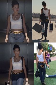 four different pictures of women with bags and purses on their backs, one in white shirt and the other in blue jeans