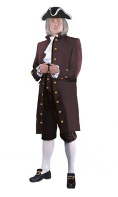 Walk Through History in Our Adult Benjamin Franklin "The First American" Patriotic and Historical Figures Costume, Theatrical Quality Attire Colonial Dress Men, Colonial Outfit Men, Colonial Halloween Costume, Colonial Mens Clothing, Brown Frock, Colonial Hat, Tricorn Hat, Brown Vest, Frock Coat