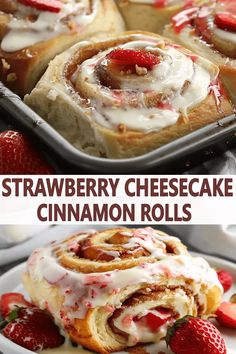 strawberry cheesecake cinnamon rolls on a plate with strawberries