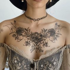 Chest Tattoos For Women Tattoo Blueprint Set Chest Tattoo Female Symmetrical, Fine Line Chest Tattoo Men, Elf Tattoos For Women, Women’s Full Chest Tattoo, Womens Hip Tattoos, Animal And Flower Tattoo, Tattoo Stomach Woman, Chest Tattoo One Side, Front Chest Tattoo Female