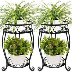 two metal plant stands with plants in them