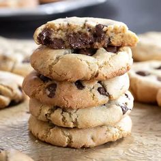 chocolate chip cookies stacked on top of each other