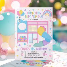 a birthday card for a child's pool party with balloons and confetti