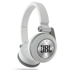 the jbl headphones are white and have an emblem on it's ear