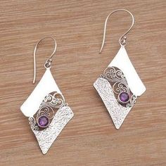 Amethyst dangle earrings, 'Amethyst Whirl' - Artisan Crafted Sterling Silver Amethyst Dangle Earrings (image 2b) Metal Earrings Handmade, Metal Clay Jewelry, Filigree Jewelry, Silver Jewelry Handmade, Metal Earrings, Girls Jewelry, Clay Jewelry, Metal Jewelry, Gemstone Earrings