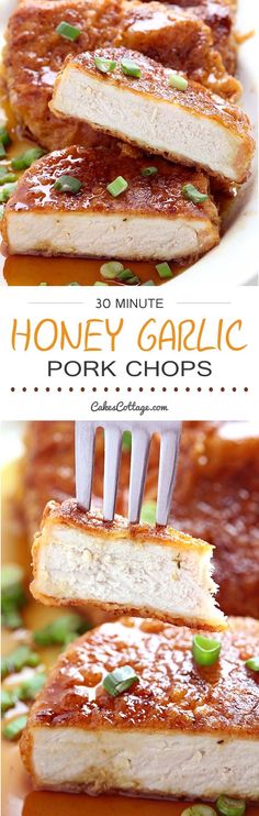 honey garlic pork chops are stacked on top of each other