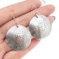 Great vintage condition.  CHATEAU D'ARGENT 925 Sterling Silver Vintage Floral Round Disc Earrings  Weight: 9.8g   WELCOME TO PAWN SHOP We are an actual pawn shop and have been in business for over 25 years. Since 1990, our establishment has been serving a variety of clients by providing them with short term cash solutions and options of liquidity regarding their treasured heirlooms. Acknowledging that today′s customers are very sophisticated and are looking for a variety of investments, our acquisitions are hand-picked for our special clientele. We do offer the most interesting items along with affordable prices. We do not disturb our vintage jewelry in order to keep its original patina leaving it to your discretion. Depending on your own taste, you can either polish it or keep it in the s Silver Engraved Round Earrings, Vintage Sterling Silver Engraved Earrings, Vintage Silver Engraved Earrings, Vintage Engraved Sterling Silver Earrings, Nickel-free Antique Silver Earrings, Do Not Disturb, Disc Earrings, Pawn Shop, Hand Picked