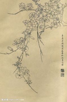 an old chinese painting with flowers on it