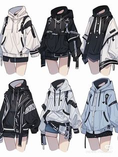 four different kinds of jackets with hoodies on them, all in black and white