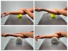 four pictures of a person doing exercises with tennis balls on their feet and one holding the ball