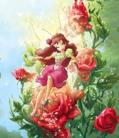 a painting of a fairy sitting on top of flowers