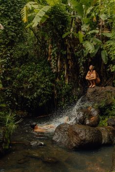 a man sitting on top of a rock next to a small waterfall in the jungle