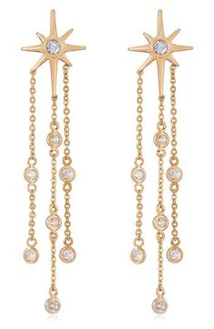 Accessorize your look with the stunning, sparkling style of these dangling earrings accented with cubic zirconia stones. 2 3/4" drop Post back 18k-gold plate/cubic zirconia Imported Gold Linear Dangle Earrings With Diamond Accents, Elegant Star-shaped Jewelry With Dangling Charms, Elegant Dangle Earrings With Star Charm, Elegant Gold Plated Earrings With Star Charm, Elegant Star-shaped Gold Plated Earrings, Elegant Gold-plated Star Earrings, Elegant Gold Plated Star Earrings, Elegant Gold Star-shaped Crystal Earrings, Elegant Gold Star Shaped Crystal Earrings