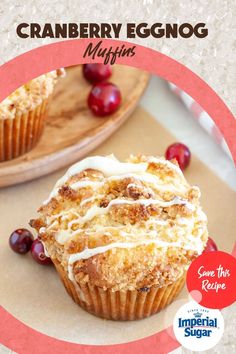 cranberry eggnog muffins with icing on top