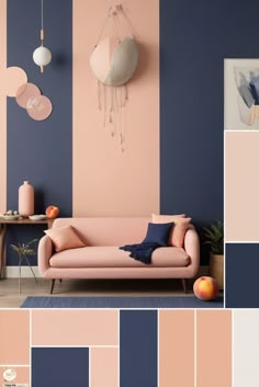 a living room with blue, pink and white colors on the walls in different shades