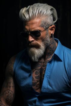 Bearded Tattooed Men Silver Foxes, Viking Haircut, Silver Foxes Men, Hair Replacement For Men, Good Haircut, Tattooed Men, Fox Man