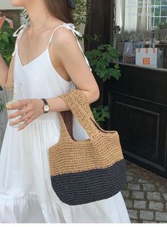 Elena Handbags Summer Two Tone Simple Straw Shoulder Bag Trendy Summer Beach Bag Bucket Shape, Chic Lightweight Crochet Bag For Summer, Summer Casual Crochet Bucket Bag, Black Straw Bag For Summer Day Out, Casual Summer Crochet Bucket Bag, Summer Black Straw Bag For Day Out, Casual Summer Paper Straw Shoulder Bag, Trendy Black Crochet Bag For Summer, Casual Black Straw Shoulder Bag