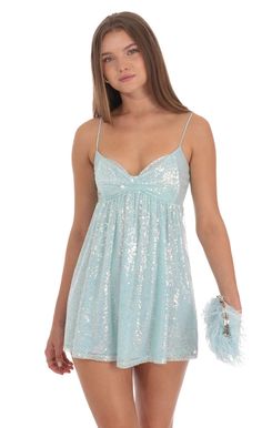 Sequin Front Bow Babydoll Dress in Seafoam Blue Seafoam Blue, Sorority Outfits, Sequin Fabric, Vacation Outfits, Babydoll Dress, Sea Foam, Birthday Outfit, Hand Washing, Day Dresses