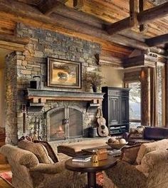 a living room filled with furniture and a fire place in the middle of a room