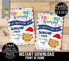 two printable christmas cards with the words, chip chip and happy snow much on them