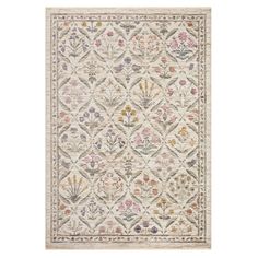 a rug with an intricate design on the front and side, in cream tones that are hand - knotted together