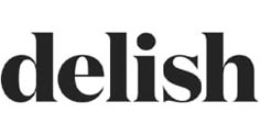 the delish logo is shown in black and white