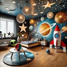 a child's bedroom with stars and planets on the wall, including a rocket ship