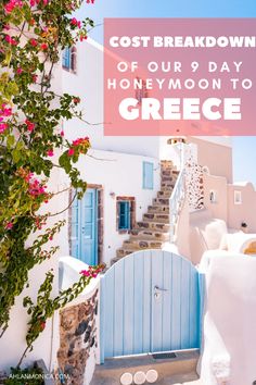 a white house with blue shutters and stairs in the background text reads santorini island bucket list and what to skip