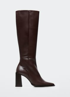 Square-toe leather boot - Woman | MANGO USA Square Toe Leather Boots, Brown Leather Knee High Boots, Fall Winter Shoes, Leather Knee High Boots, Mango Outlet, Knee High Leather Boots, Leather Boot