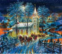 a christmas scene with horses pulling a sleigh