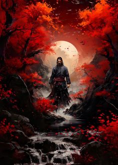 a man standing in the middle of a forest next to a river under a full moon