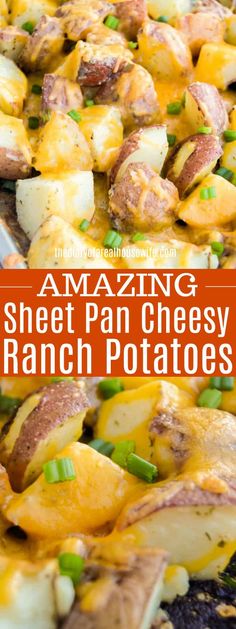 a pan filled with potatoes and ham on top of a wooden cutting board next to the words amazing sheet pan cheesy ranch potatoes