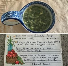 two pictures side by side, one with soup and the other has writing on it