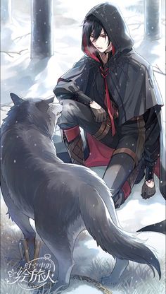 a man kneeling down next to a wolf in the snow with his arm around him