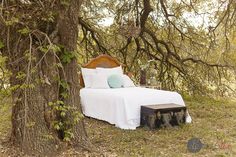 a bed sitting in the middle of a forest under a tree with pillows on it