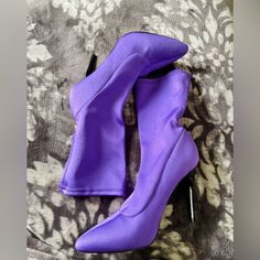 Beautiful Light Purple Stretch Material Booties With A 4inch Black Heel. Never Worn. Trendy Synthetic Party Booties, Trendy Synthetic Booties For Party, Pointed Toe Synthetic Booties For Party, Party Synthetic Pointed Toe Booties, Party Synthetic Booties With Pointed Toe, Party Pointed Toe Synthetic Booties, Casual Pointed Toe Booties For Party, Trendy Fitted Closed Toe Booties, Trendy Fitted Closed-toe Booties