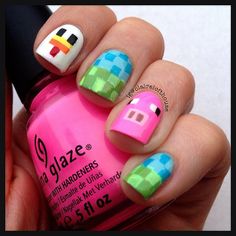 IG: @ClaireLofthouse Invader Zim Nail Art, Gir Nails Invader Zim, Invader Zim Nails, Spongebob Gel Nails, Summer Frog Nails, Minecraft Nails, Game Nails, Comic Nails, Adorable Nails