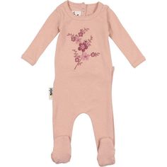 Floral Embroidered Footie, Mauve - Maniere Rompers | Maisonette Spring Cotton Footie For Loungewear, Spring Long Sleeve Footie For Bedtime, Fitted Footie For Loungewear Spring, Spring Loungewear Footie, Spring Loungewear Fitted Footie, Spring Bedtime Footie, Spring Season Cotton Sleep Footie, Fitted Cotton Footie For Loungewear, Spring Embroidered Cotton Sleepwear