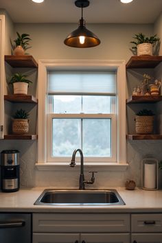 a kitchen sink under a window with shelves above it and plants on the windowsill