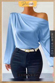 Playful and Light Blouse Chiffon Tops For Women Trendy, Float Pants, Pants Elegant, Satin Bluse, Peplum Tops, Off The Shoulder Long Sleeve, Off The Shoulder Blouse, Causal Outfits, Trendy Fashion Tops